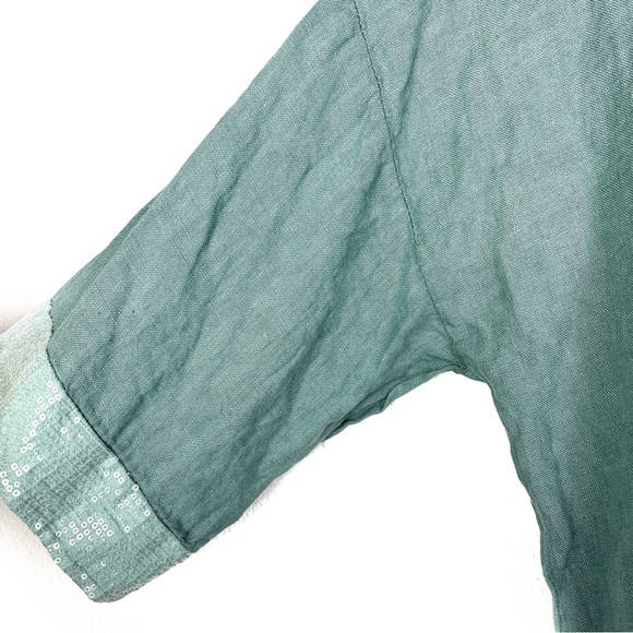 New Bellambra Sequin Trim Light Teal Linen Dolman Sleeve Top size large - Picture 3 of 7